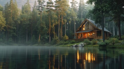 Fototapeta premium Picturesque Cabin with Reflection on Lake Surface