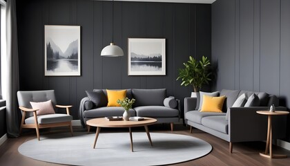 Scandinavian style home interior design of a modern living room with a grey chair and round coffee table near a corner sofa against a dark grey paneling wall