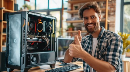 Obraz premium Content Customer Celebrating New PC Hardware with Thumbs Up