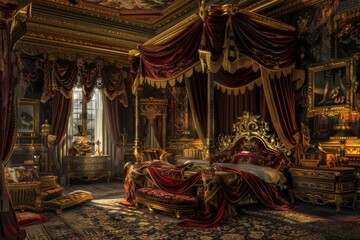 An opulent bedroom with a canopy bed draped in rich, textured fabrics, surrounded by ornate, gold-trimmed furniture