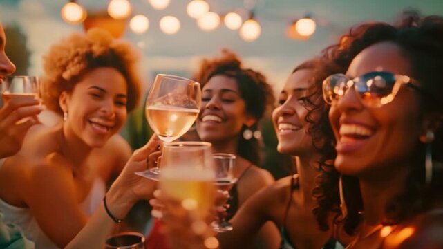 Happy friends having fun outdoor. Group of friends having backyard dinner party together. Young people sitting at bar table toasting wine glasses in vineyards garden