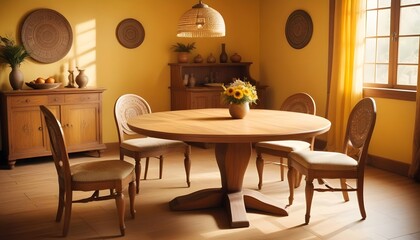 A round dining table and chairs adorn a vibrant yellow room, creating a bohemian interior design in the modern dining room