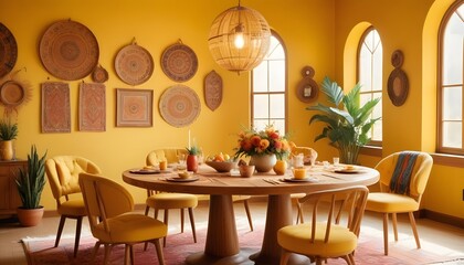 A round dining table and chairs adorn a vibrant yellow room, creating a bohemian interior design in the modern dining room