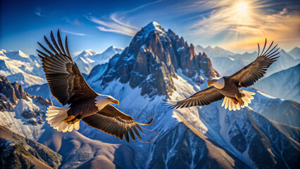 Majestic eagle duo soars above a rugged mountain range, set against a brilliant clear blue sky, showcasing nature's awe-inspiring beauty in stunning ultra-high definition.