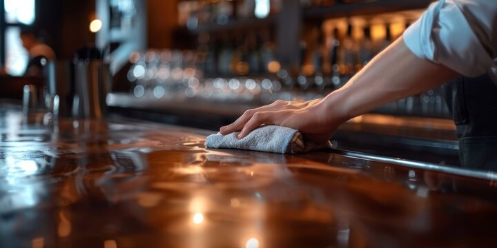 Waiters, hands, and washing restaurant tables for dust, grime, and bacteria with maintenance and workflow. Barista, guy, and cleaner in cafe, coffee shop, or small business for sanitation - Powered by Adobe
