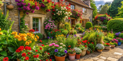 Obraz premium Vibrant flowers spill from overflowing planters and burst from lush greenery in a charming English cottage garden, exuding warmth and serenity on a lazy afternoon.