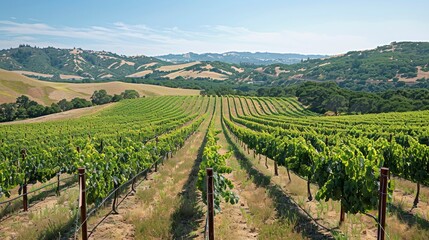Fototapeta premium A scenic vineyard with rows of grapevines stretching into the distance, the leaves showing signs of heat stress under the intense sun.