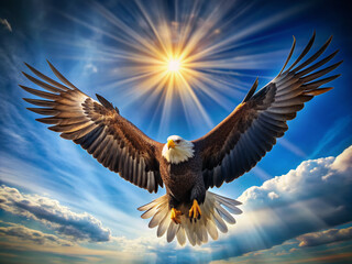Majestic bald eagle spreads its massive wings, gliding effortlessly against a vibrant blue sky, its feathers glistening in the sunlight, emphasizing its powerful and regal presence.