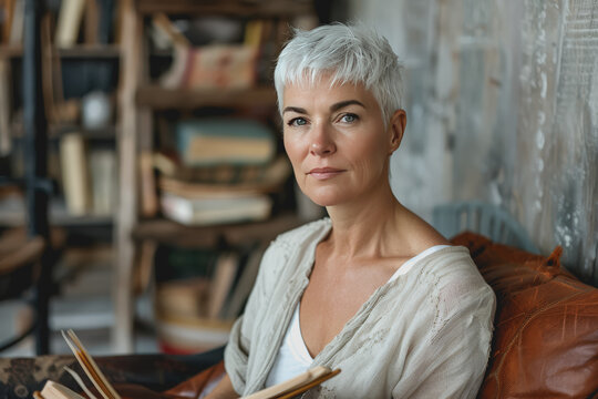 Reading Beautiful beautiful mature middle-aged woman 60 years old with healthy skin.