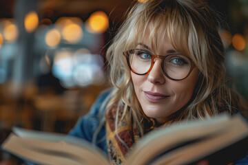 Reading Beautiful beautiful mature middle-aged woman 60 years old with healthy skin.