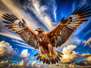 Naklejka premium Majestic golden eagle spreads its wings, soaring freely against a clear blue sky with fluffy white clouds, showcasing its sheer power and beauty in nature.