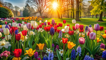 Fototapeta premium Vibrant mix of tulips, daffodils, and hyacinths in full bloom against lush green lawn, showcasing a stunning spring garden's diverse floral spectrum in warm sunlight.