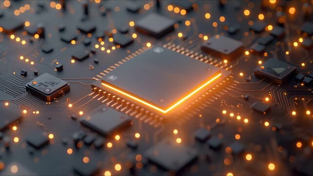 An advanced GPU ram microchip or CPU on a powerful computer board 