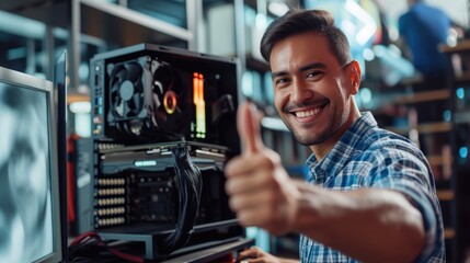 Thrilled Customer Posing with New Graphics Card and Computer Setup