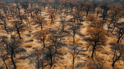An aerial view of a parched forest, with brown, dry leaves covering the ground, highlighting the effects of prolonged heat and drought.
