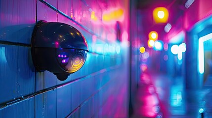 Fototapeta premium Colorful AI Powered Security Camera on City Wall Ensuring Continuous Monitoring and Safety During Night