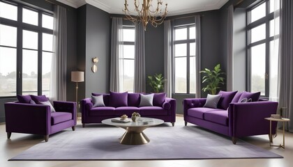 A purple sofa takes center stage in a room with a high ceiling, elevating the interior design of the modern living room