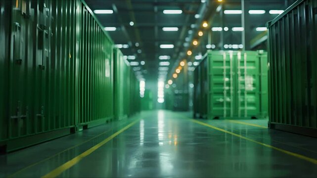 Rows of green shipping containers line a warehouse floor, illuminated by bright overhead lights.