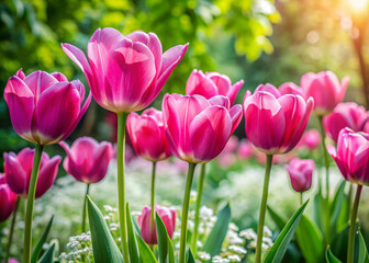 Fototapeta premium Vibrant pink tulips sway gently in the spring breeze amidst lush green foliage and delicate white flowers in a serene and intimate garden setting.