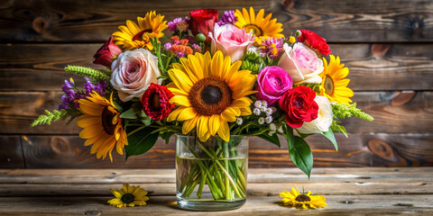 Fototapeta premium Colorful bouquet of fresh flowers, including roses, daisies, and sunflowers, arranged beautifully in a clear glass vase on a rustic wooden table.