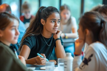 Obraz premium Students of different nationalities are sitting at tables discussing the project