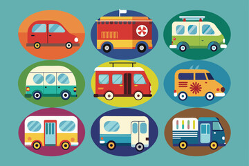 Fototapeta premium Colorful Cartoon Vans and Buses Illustration