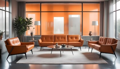 Fototapeta premium An orange leather sofa is placed near beige chairs against a big window in the mid-century style home interior design of the modern living room