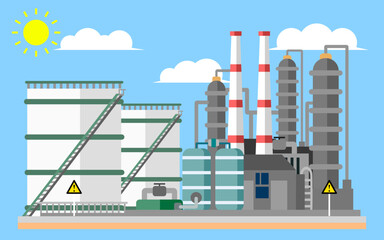 Oil refinery and petrochemical plant. Flat icon vector illustration depicting an industrial building landscape with chimneys and oil storage tanks during daytime under a blue sky and sun