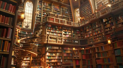 Fototapeta premium Grand Library Interior with Bookshelves and Sunlight.