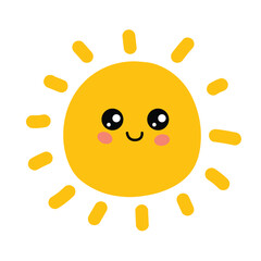 Kawaii happy smiling sun isolated on white background, flat simple vector illustration. Cute summer sunshine emoji, doodle style icon 