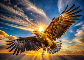 Majestic eagle spreads wide its powerful wings, riding thermal winds, as sun-kissed feathers shimmer with golden light against a brilliant blue sky backdrop.