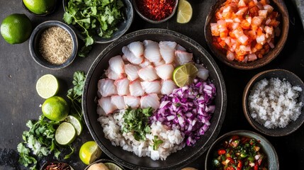 Peruvian ceviche with fresh fish, lime, and chili, arranged beautifully from above.