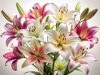 Delicate petals and tender buds of elegant lily flowers in various stages of bloom arranged artfully against a crisp pure white background.