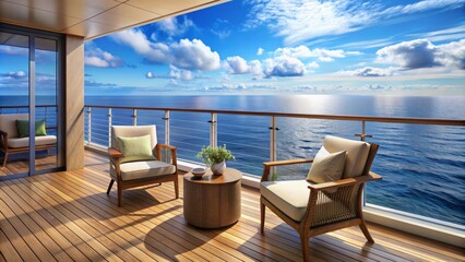 Soothing ocean views, luxurious balcony, and elegant furnishings evoke a sense of relaxation and luxury, perfect for a retired couple's romantic cruise getaway.