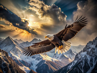 Majestic eagle soars through brooding sky, wings outstretched, against dramatic backdrop of rugged snowy mountain peaks, exuding power and freedom in its serene wilderness habitat.