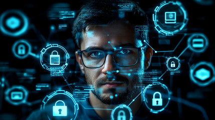 A focused cybersecurity expert surrounded by glowing digital lock icons, representing data security and cyber protection in a digital world.