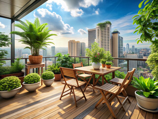 Obraz premium Serene apartment balcony oasis featuring lush green plants, wooden table and chairs, and stunning cityscape views, evoking feelings of relaxation and urban tranquility.