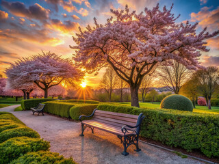 Serene park scene featuring vibrant cherry blossoms, neatly trimmed hedge, and a solitary bench, set against a warm, vibrant sunset backdrop, evoking feelings of tranquility.