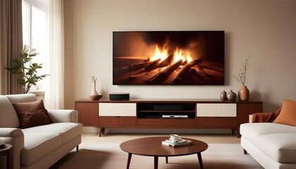 A modern television is broadcasting a movie on a wide screen