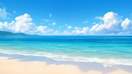 Tranquil beach scene with white sand, crystal-clear blue water, and a distant mountain range under a bright blue sky with fluffy clouds.