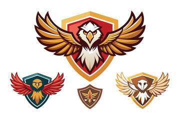 Eagle Mascot Design with Wings Spread and Shielded in Different Colors