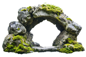 A unique natural rock arch stands isolated in a vibrant forest, draped in moss and surrounded by greenery, showcasing nature's artistry