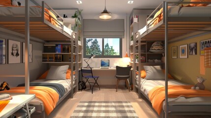Modern Bunk Bed Dorm Room Interior Design.