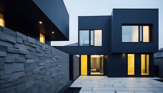 A modern minimalist private black house is adorned with stone tile cladding, showcasing its cubic residential architecture exterior design