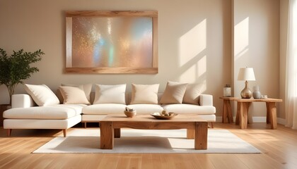 In the modern living room with minimalist interior design, rustic accent pieces enhance the ambiance
