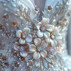 Fototapeta premium Close-up of a floral wedding dress embellishment featuring pearls and crystals. Soft lighting. Concept of elegance and luxury bridal fashion