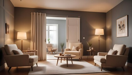 Fototapeta premium A modern living room interior features a door and armchairs, creating a welcoming and comfortable space