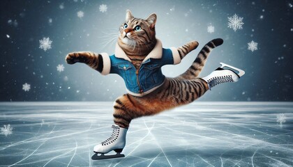 tabby cat ice skating rink athlete graceful winter sports activity