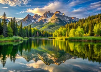 Fototapeta premium Serene alpine landscape featuring majestic mountain peaks reflecting in the still waters of a tranquil lake surrounded by lush green forest in Salt Lake County.