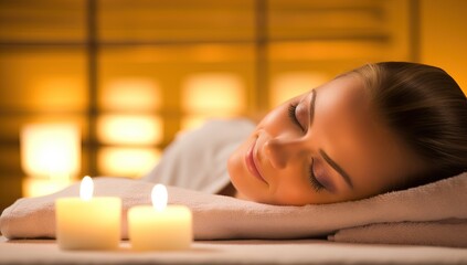 Serene woman enjoys a relaxing spa treatment by candlelight, promoting wellness and tranquility.
